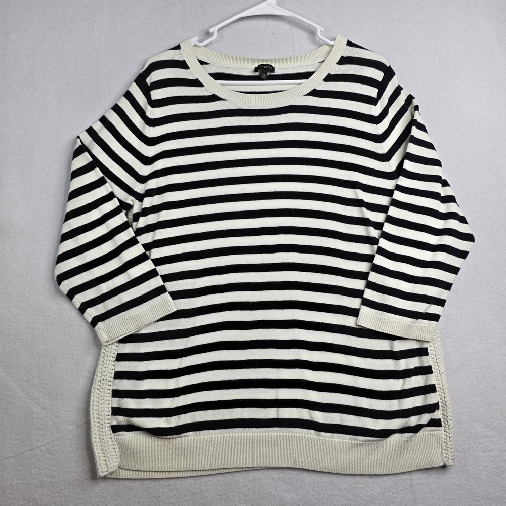 Talbots knit Striped Sweater XL Black White 3/4 Sleeve Pima Cotton Tunic crochet